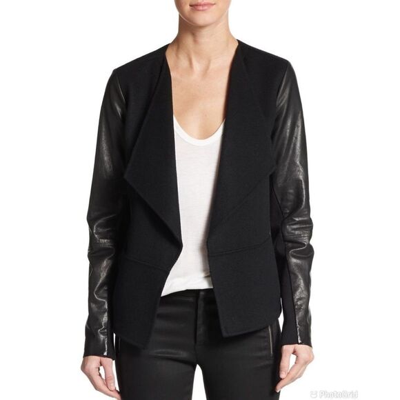 Vince Leather Sleeve Boiled Wool Jacket - Picture 1 of 12